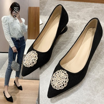 Womens Pumps Solid Pointed Toe Suede Chunky High Heels Rhinestone Black